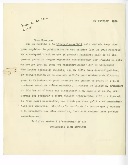 N-08-q A Gide à G Kilpper 20 fév 1930 dactylo