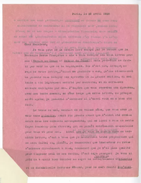 N-09-aj A Gide à G Kilpper 25 avril 1929 recto
