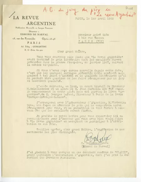 P-08-be E de Narval à A Gide 01 avril 1949 p1