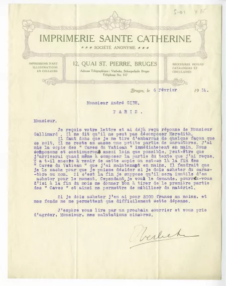 S-01-ai E Verbeke à A Gide 06 fév 1914