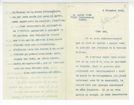 W-01-n A Gide à G Gallimard 06 déc 1913 recto