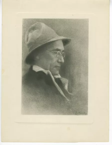portrait photographique d’André Gide, de profil, avec chapeau et lunettes