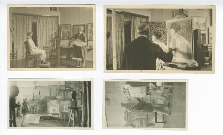 photographie de Théo Van Rysselberghe peignant le Portrait de Mme Jean Dubois (1925) devant son modèle, dans son atelier de Saint-Clair