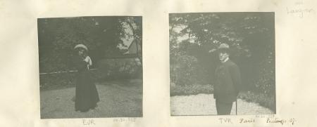 portrait photographique en pied d'Élisabeth Van Rysselberghe, tenant le chiot Nick, dans le jardin de la villa Aublet, rue Laugier, printemps 1907