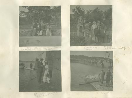 photographie de groupe montrant, de gauche à droite, au premier rang, Augustine de Rothmaler, Maria Van Rysselberghe, un jeune garçon, Agnès Copeau avec sa fille Edwige Copeau sur les genoux ; au deuxième rang Théo Van Rysselberghe, André Gide avec mousta