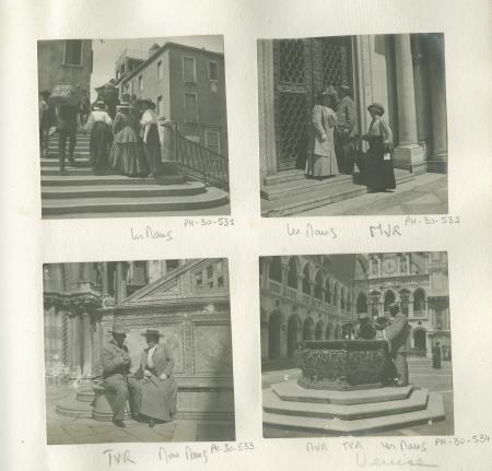 photographie montrant, de gauche à droite, de dos, Maria Van Rysselberghe, Madeleine Maus, et se retournant, Octave Maus et Élisabeth Van Rysselberghe, sur le pont Sant'Antonin, mai 1909