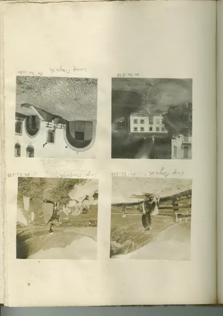 photographie d'Aline Mayrisch avec un grand chien sur une route de montagne, juin 1916