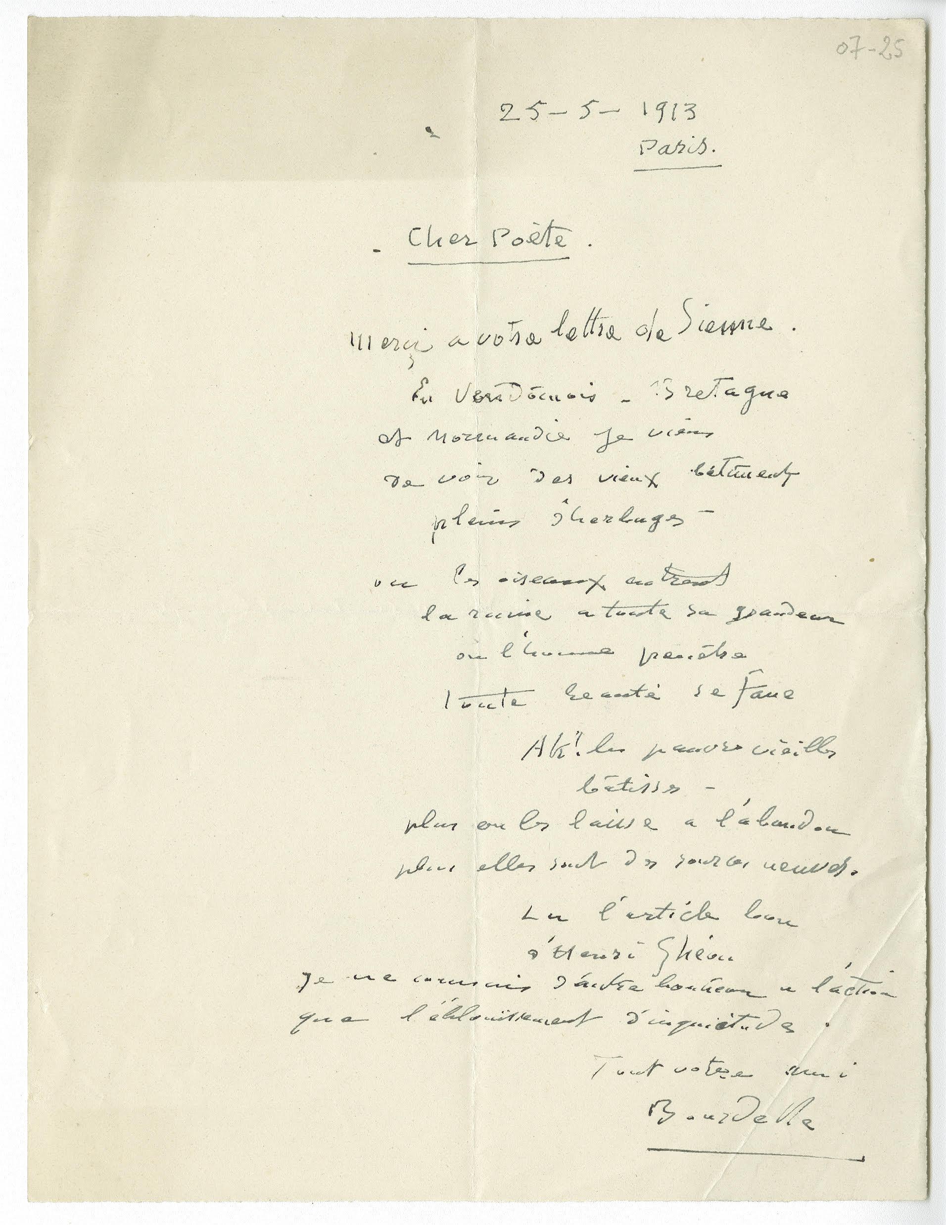 Lettre de Bourdelle à Gide