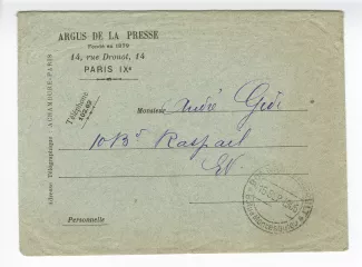 06-58-b argus de la presse à A Gide 15 sept 1905 enveloppe