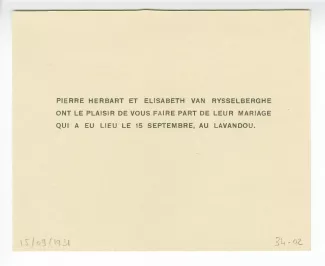 34-02-n faire part mariage P Herbart & E Van Rysselberghe 19 sept 1939 a