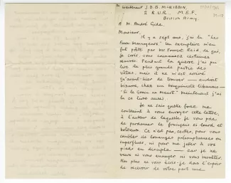 39-18-en J D B McKibbin à A Gide 27 janv 1946 recto