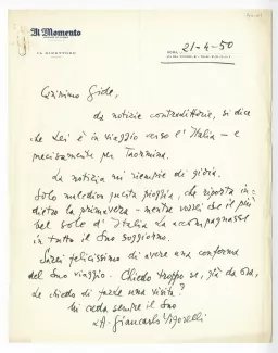 40-01-bm G Vigorelli à A Gide 21 avril 1950