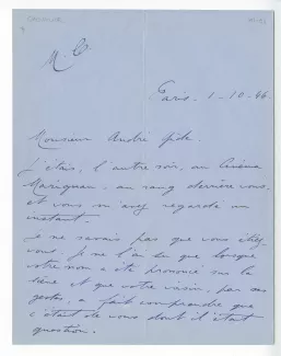 41-01-t M Chevalier à A Gide 01 oct 1946 recto