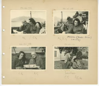 photographie d’André Gide, avec lunettes, et Catherine Gide, devant le lac, 3 avril 1947