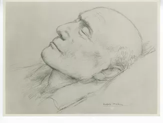 photographie du portrait funéraire d'André Gide, de profil, dessiné par Berthold Mahn (20 février 1951)