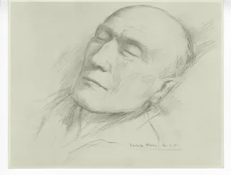 photographie du portrait funéraire d'André Gide, de 3/4, dessiné par Berthold Mahn (20 février 1951)