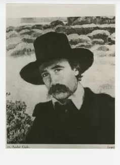 photographie d’une reproduction du Portrait d'André Gide par Théo Van Rysselberghe (1907)