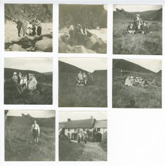 photographie montrant, de gauche à droite, Théo Van Rysselberghe, Octave Maus, Madeleine Maus, son fils Jean-Marie Gevaert, Marie-Thérèse Muller et Daisy Weber, au bord de la mer, août 1914