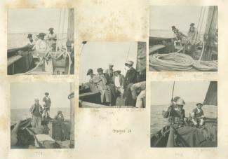 photographie d'Aline Mayrisch et Théo Van Rysselberghe, avec deux marins, sur un bateau, juillet-août 1904