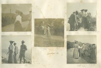 photographie où l'on reconnaît Maria Van Rysselberghe de dos, au premier plan, et Théo Van Rysselberghe, à droite, sur un chemin, printemps 1905
