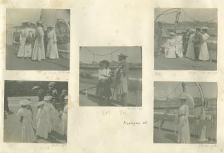 photographie où l'on reconnaît, au centre, Laure Flé, derrière elle son mari Georges Flé, et à droite Maria Van Rysselberghe, avec d'autres femmes, sur le ponton d'un bateau