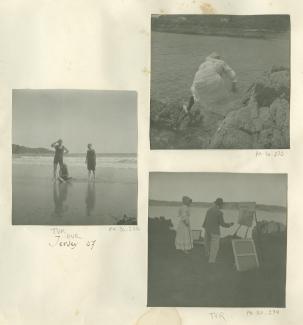 photographie de Théo Van Rysselberghe, Élisabeth Van Rysselberghe, assise, et Daisy Weber, en maillot de bain, sur une plage, été 1907