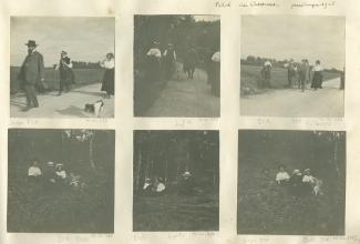 photographie où l'on reconnaît, à gauche, Georges Flé, Octave Van Rysselberghe [?], Daisy Weber à droite, et le chien Nick, marchant sur un chemin, printemps 1908
