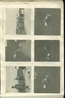 photographie où l'on reconnaît, à gauche, Georges Flé, Octave Van Rysselberghe [?], Daisy Weber à droite, et le chien Nick, marchant sur un chemin, printemps 1908