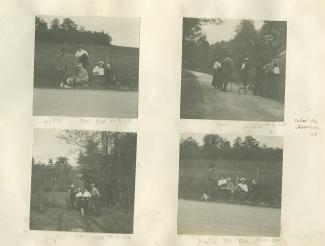 photographie montrant, de gauche à droite, Georges Flé avec son chien, Théo Van Rysselberghe et le chien Nick, derrière lui Daisy Weber, Élisabeth Van Rysselberghe et Octave Van Rysselberghe [?], au bord d'un chemin, printemps 1908