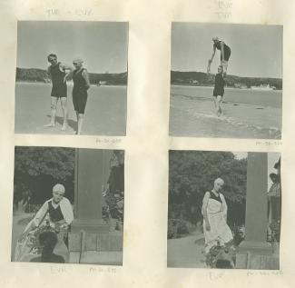 photographie de Théo Van Rysselberghe et sa fille Élisabeth Van Rysselberghe, en costume de bain, sur la plage, juillet-août 1908