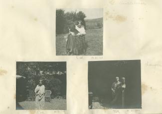 photographie d'Élisabeth Van Rysselberghe, assise avec un chien, dans le jardin de la villa Robinson, chez les Flé