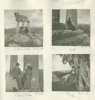 photographie d'Élisabeth Van Rysselberghe et Maria Van Rysselberghe, devant les ruines du temple des Dioscures, décembre 1908