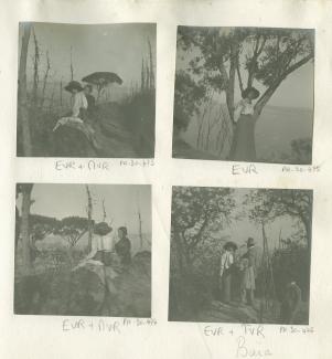 photographie d'Élisabeth Van Rysselberghe et Maria Van Rysselberghe, assises sur le talus d'un sentier, déjeunant au cap Misène, janvier 1909