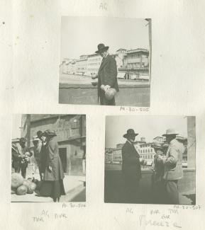 photographie d'André Gide, avec chapeau, sur le Ponte Vecchio, deux calebasses à la main, lors du voyage des Van Rysselberghe en Italie, avril 1909