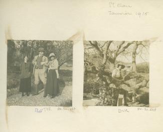 photographie montrant, de gauche et à droite, Marthe Massin, nièce des Verhaeren, Théo Van Rysselberghe et Marthe Verhaeren, l'épouse du poète, dans le jardin de la maison de Saint-Clair, janvier 1916