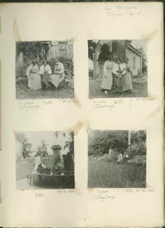 photographie montrant, de gauche à droite, Mathilde Roberty, Élisabeth Van Rysselberghe et Jeanne-Alexandrine de La Rive, directrice de l'école d'horticulture de La Corbière, juin 1916